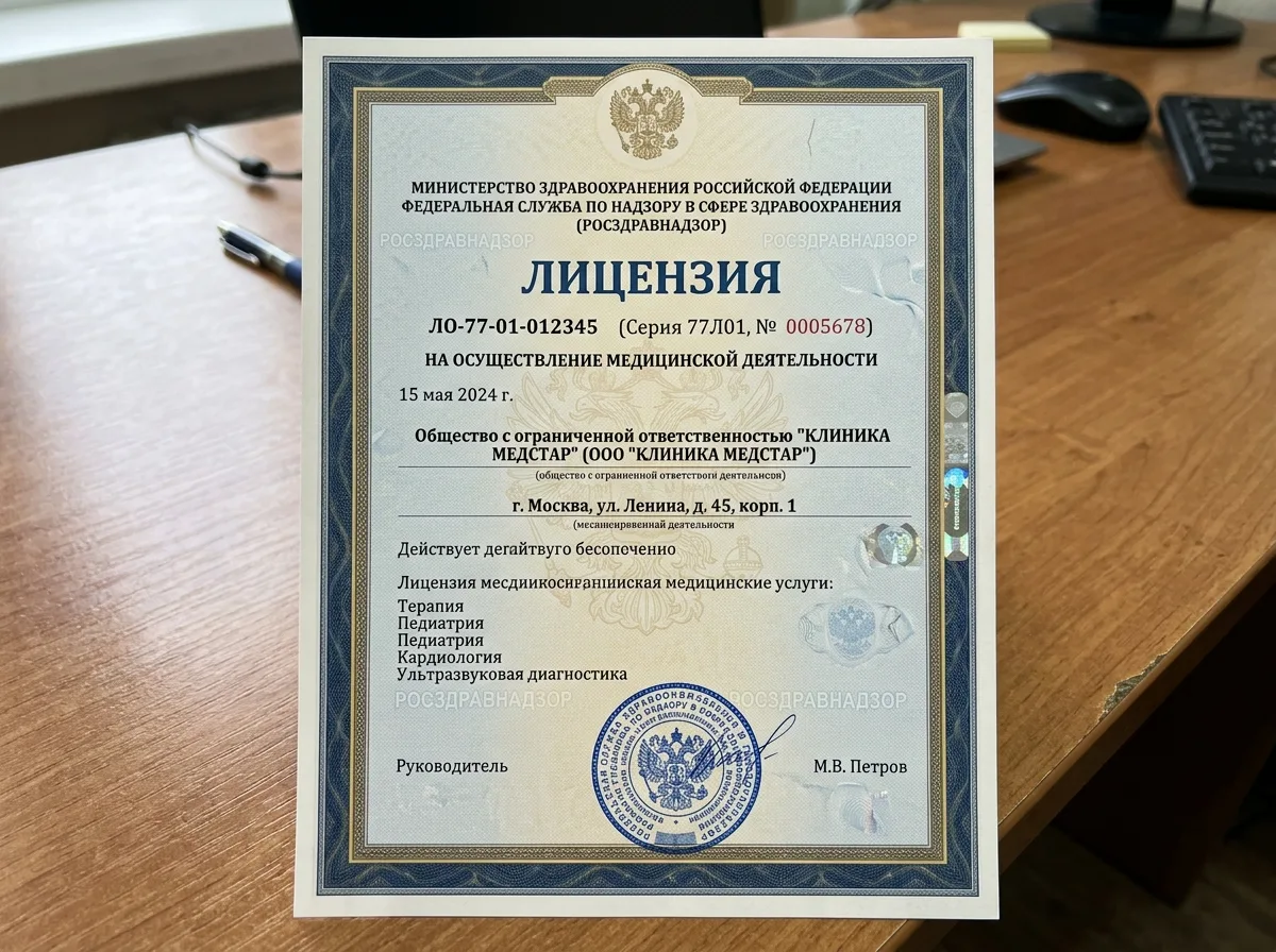 Лицензия Росздравнадзора на осуществление медицинской деятельности: официальный документ с печатью, синий цвет, государственный бланк